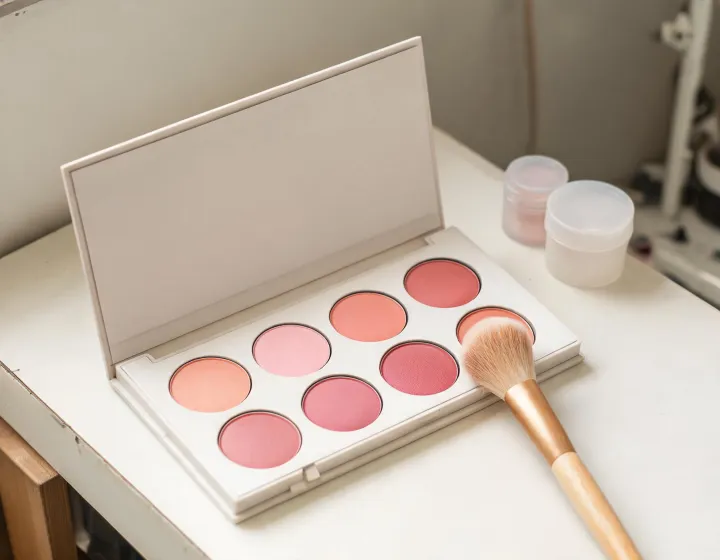 blush palette on a cosmetics bench, illustration only
